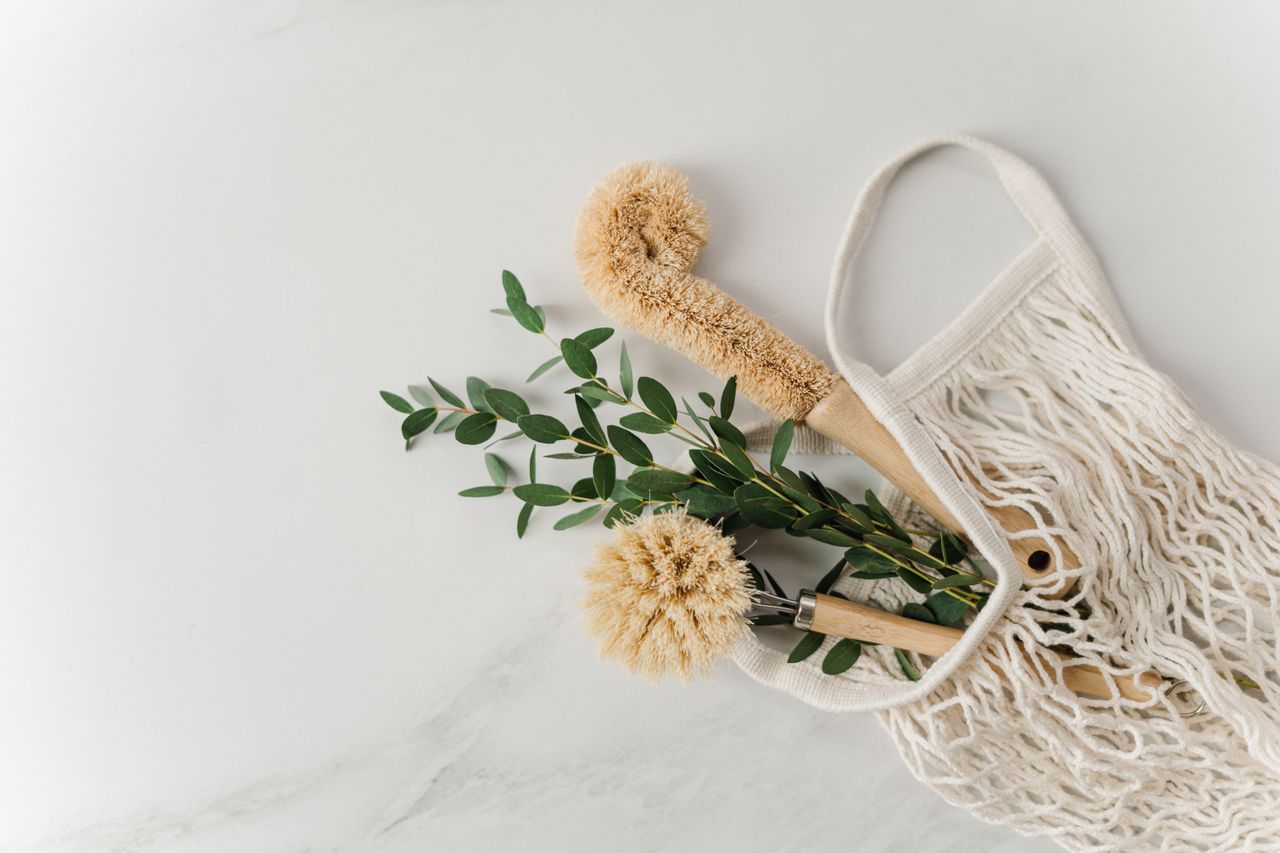 services-04 Eco-friendly cleaning brushes and eucalyptus branches in a reusable net bag on white surface.